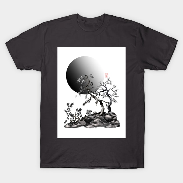 SumiE japanese pines with a big full moon T-Shirt by cuisinecat